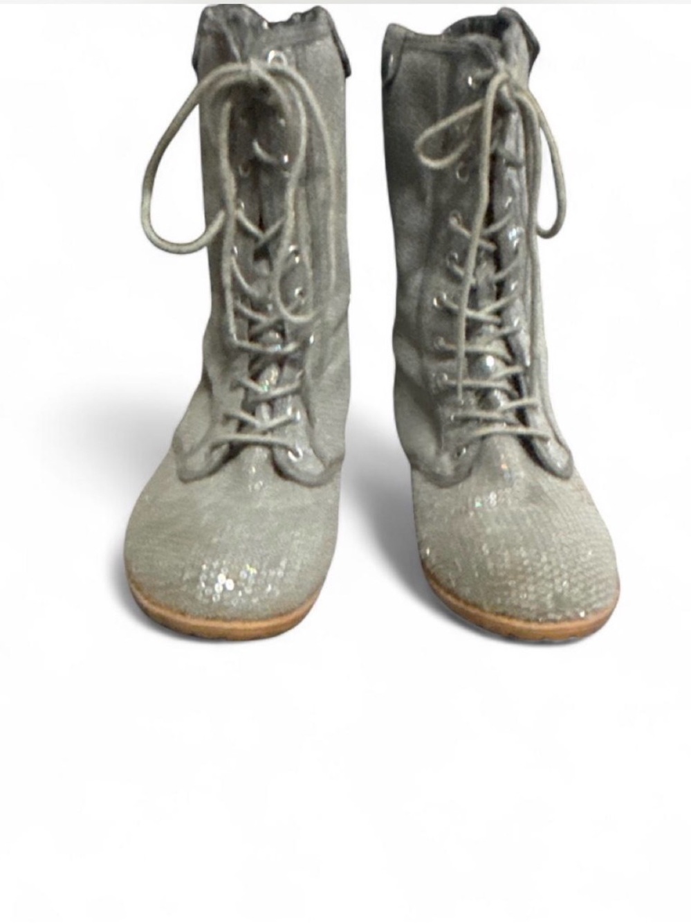 Justice Silver Sequin Combat Lace-Up Boots - Women's Size 8